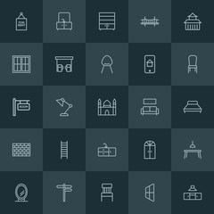 Modern Simple Set of buildings, furniture Vector outline Icons. ..Contains such Icons as  bridge, road, pump,  seat, window,  house,  white and more on dark background. Fully Editable. Pixel Perfect.