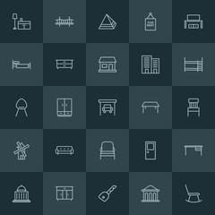Modern Simple Set of buildings, furniture Vector outline Icons. ..Contains such Icons as bedroom,  giza,  sky,  banking,  finance, table and more on dark background. Fully Editable. Pixel Perfect.