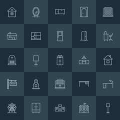 Modern Simple Set of buildings, furniture Vector outline Icons. ..Contains such Icons as architecture,  wardrobe,  lamp, construction,  door and more on dark background. Fully Editable. Pixel Perfect.