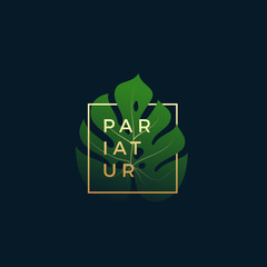 Monstera Palm Leaf In a Golden frame with Modern Typography. Abstract Vector Sign, Symbol or Logo Template. Elegant Emblem or Card Design. © createvil