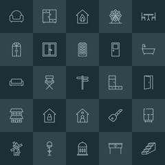 Modern Simple Set of buildings, furniture Vector outline Icons. ..Contains such Icons as closet, mill,  stairway,  home, bar,  energy, up and more on dark background. Fully Editable. Pixel Perfect.