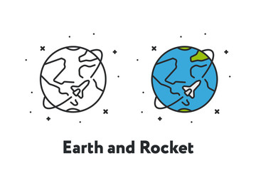 Rocket Space Ship Flying Around Planet Earth Minimal Color Flat Line Outline Stroke Icon