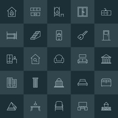 Modern Simple Set of buildings, furniture Vector outline Icons. ..Contains such Icons as  giza,  wash,  house,  decoration,  search, bedroom and more on dark background. Fully Editable. Pixel Perfect.
