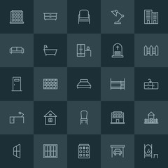 Modern Simple Set of buildings, furniture Vector outline Icons. ..Contains such Icons as  light,  car,  wooden,  medical,  home,  modern and more on dark background. Fully Editable. Pixel Perfect.