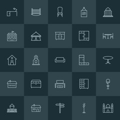 Modern Simple Set of buildings, furniture Vector outline Icons. ..Contains such Icons as  white,  sign,  street,  chair,  crib,  coat, stand and more on dark background. Fully Editable. Pixel Perfect.