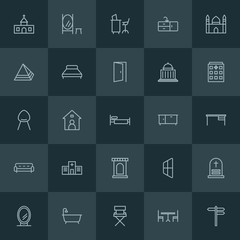 Modern Simple Set of buildings, furniture Vector outline Icons. ..Contains such Icons as  sign,  graveyard, bathroom,  street,  house,  oval and more on dark background. Fully Editable. Pixel Perfect.