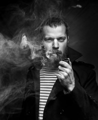 Sailor Man With Beard Smoking Pipe, Black And White Photo. Creativity Professional Portrait