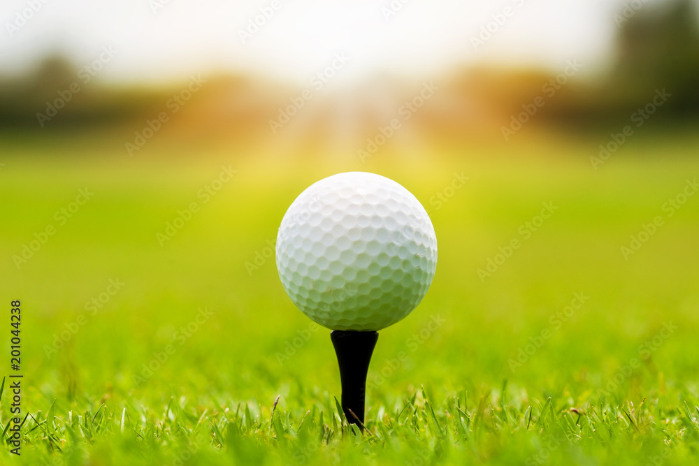 Sticker close up off golf ball on tee in grass with sun.