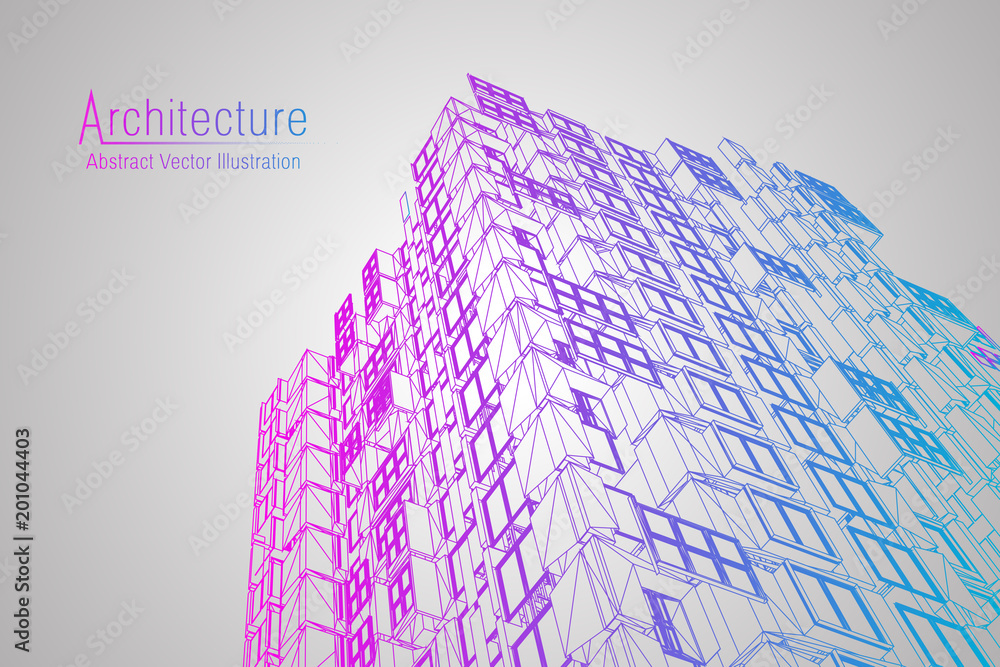 Aufkleber modern architecture wireframe. concept of urban wireframe. wireframe building illustration of archit