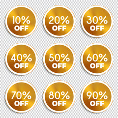 Discount banners. Vector illustration.  -10% -20% -30% -40% -50% -60% -70% -80% -90% off icons.