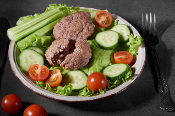 lunch meat bread Breakfast fried carrots organic, vegan and delicious salad tomato cucumber celery