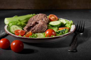 lunch meat bread Breakfast fried carrots organic, vegan and delicious salad tomato cucumber celery