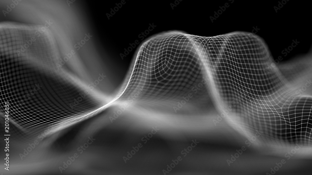 Poster Data technology abstract futuristic illustration . Low poly shape with connecting dots and lines on dark background. 3D rendering . Big data visualization .