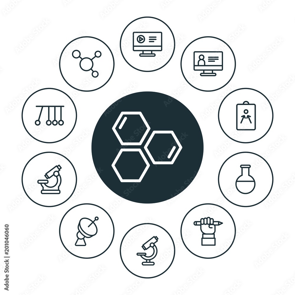 Poster science, education infographic circle outline icons set. contains such icons as microscope, computer
