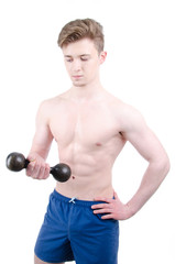 Fitness and healthy lifestyle. The guy with the dumbbell. White background. 