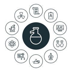 science, education Infographic Circle outline Icons Set. Contains such Icons as  air,  school,  student,  airplane,  symbol,  computer,  microscope,  idea and more. ..Fully Editable. Pixel Perfect..