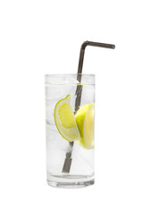 Transparent cocktail in a tall glass with ice cubes with two slices, lime quart, soda, aeration...