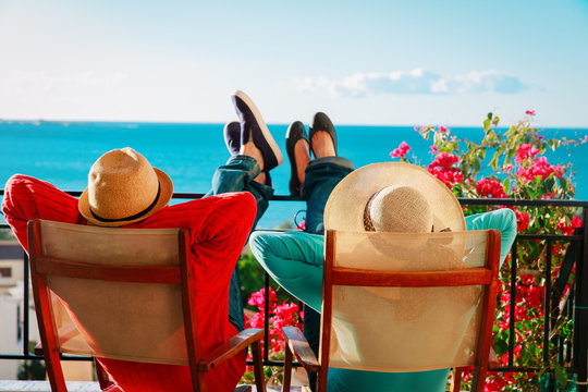 Happy Couple Relax On Balcony Terrace