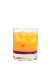 Multi-colored two-layer opaque cocktail in a low glass with ice cubes with melon, pear, apple, berries, fruit, pineapple, orange, apricot, peach. Side view Isolated white background Drink for the menu