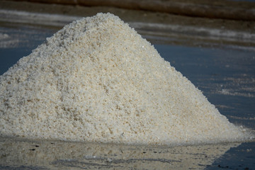White salt field in sunny day. Royalty high quality free stock footage of white salt field in a beach village. Salt is an important food of people