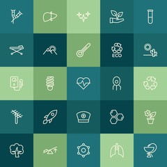 Modern Simple Set of health, science, nature Vector outline Icons. ..Contains such Icons as  molecular,  sky,  liver, medicine,  hospital and more on green background. Fully Editable. Pixel Perfect.