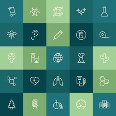 Modern Simple Set of health, science, nature Vector outline Icons. ..Contains such Icons as  environment,  metal, garbage,  handicap,  wood and more on green background. Fully Editable. Pixel Perfect.