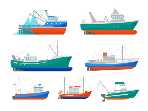 Cartoon Fishing Boats Icons Set. Vector