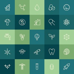 Modern Simple Set of health, science, nature Vector outline Icons. ..Contains such Icons as rocket, element,  laboratory, global,  plant and more on green background. Fully Editable. Pixel Perfect.