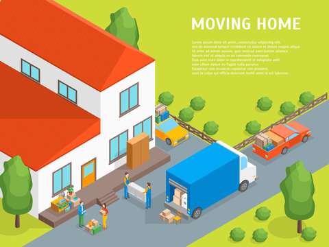 Delivery Moving Card Poster Concept 3d Isometric View. Vector
