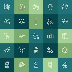Modern Simple Set of health, science, nature Vector outline Icons. ..Contains such Icons as brain,  human,  system,  vitamin,  volcano and more on green background. Fully Editable. Pixel Perfect.