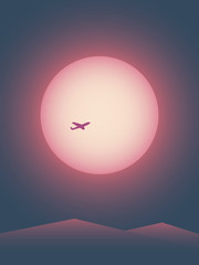 Summer traveling poster vector template with airplane flying in front of sun at sunset. Minimalist retro style.