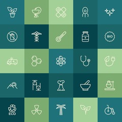 Modern Simple Set of health, science, nature Vector outline Icons. ..Contains such Icons as  virus,  room, bandaid,  sign,  experiment and more on green background. Fully Editable. Pixel Perfect.