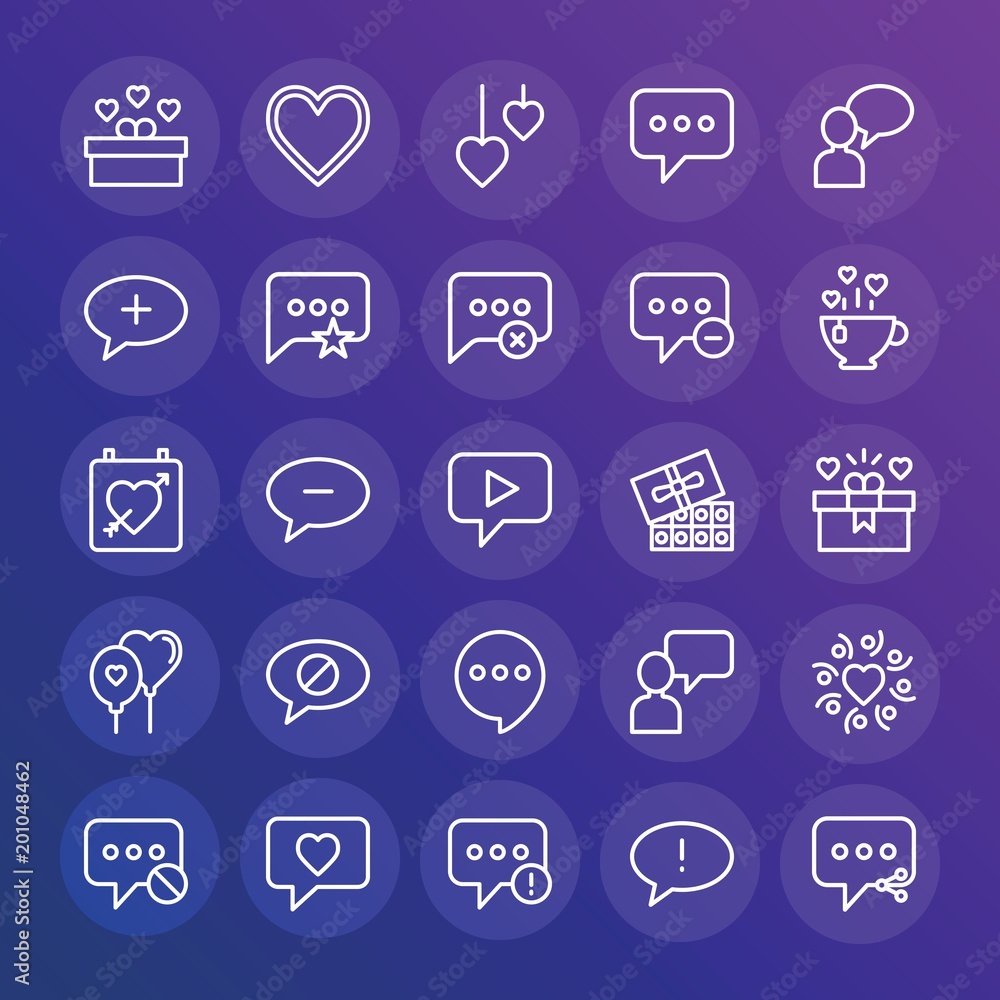 Poster modern simple set of chat and messenger, valentine vector outline icons. ..contains such icons as cu
