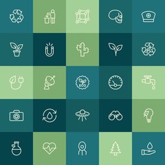 Modern Simple Set of health, science, nature Vector outline Icons. ..Contains such Icons as  chemistry,  garbage, water,  dish,  wood,  lab and more on green background. Fully Editable. Pixel Perfect.
