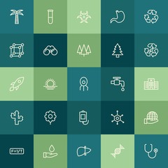Modern Simple Set of health, science, nature Vector outline Icons. ..Contains such Icons as  background, formula,  sunrise,  danger,  tree and more on green background. Fully Editable. Pixel Perfect.