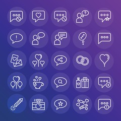 Modern Simple Set of chat and messenger, valentine Vector outline Icons. ..Contains such Icons as gift,  white,  camera,  photo,  add and more on gradient background. Fully Editable. Pixel Perfect.