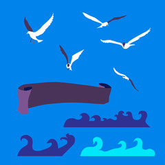 Vector illustration. Set of seagulls, waves and ribbon. Isolated objects on blue background.