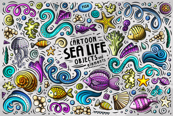 Doodle cartoon set of Sea Life objects and symbols