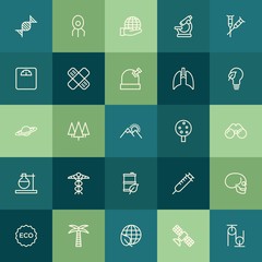 Modern Simple Set of health, science, nature Vector outline Icons. ..Contains such Icons as  world, palm, human,  microscope,  landscape and more on green background. Fully Editable. Pixel Perfect.
