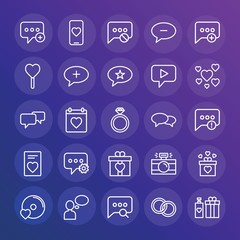 Modern Simple Set of chat and messenger, valentine Vector outline Icons. ..Contains such Icons as  smartphone,  remove,  pattern,  idea and more on gradient background. Fully Editable. Pixel Perfect.