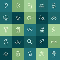 Modern Simple Set of health, science, nature Vector outline Icons. ..Contains such Icons as  fresh,  sunrise, food,  background,  recycling and more on green background. Fully Editable. Pixel Perfect.