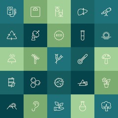Modern Simple Set of health, science, nature Vector outline Icons. ..Contains such Icons as  landscape, nature, prism,  nature,  sun,  eco and more on green background. Fully Editable. Pixel Perfect.