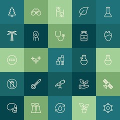Modern Simple Set of health, science, nature Vector outline Icons. ..Contains such Icons as  skeleton,  skull,  room, atom, pulley, water and more on green background. Fully Editable. Pixel Perfect.