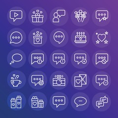Modern Simple Set of chat and messenger, valentine Vector outline Icons. ..Contains such Icons as  video, chat, delete,  heart,  bunch and more on gradient background. Fully Editable. Pixel Perfect.