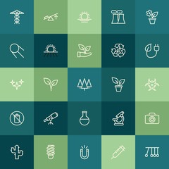 Modern Simple Set of health, science, nature Vector outline Icons. ..Contains such Icons as  magnetism, cactus,  syringe,  bulb,  metal and more on green background. Fully Editable. Pixel Perfect.
