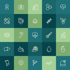 Modern Simple Set of health, science, nature Vector outline Icons. ..Contains such Icons as water,  sound,  nature,  science,  microbiology and more on green background. Fully Editable. Pixel Perfect.