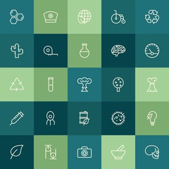 Modern Simple Set of health, science, nature Vector outline Icons. ..Contains such Icons as global,  save, pulley,  disabled,  lab,  doctor and more on green background. Fully Editable. Pixel Perfect.