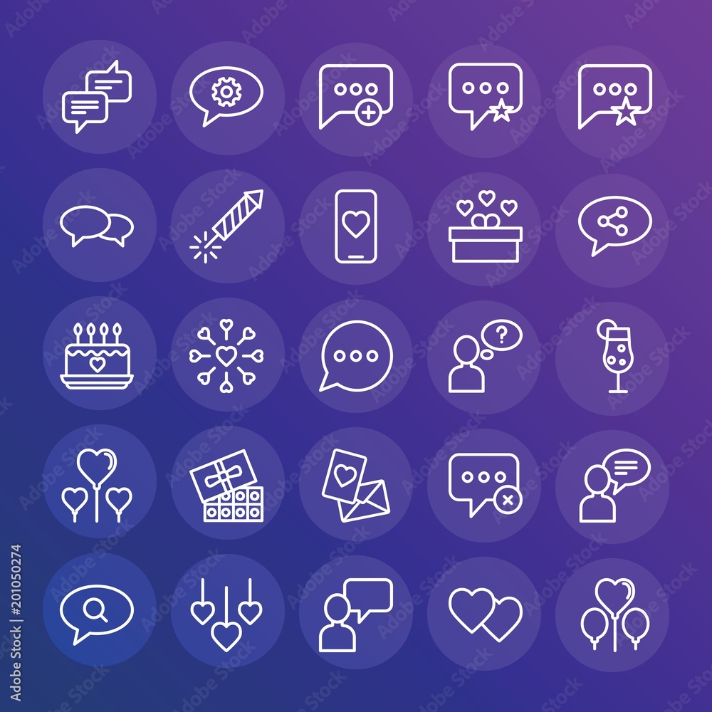 Poster modern simple set of chat and messenger, valentine vector outline icons. ..contains such icons as ve