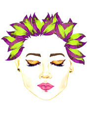 Fototapeta na wymiar Face with closed eyes with golden makeup, floral purple and green leaves hairstyle, hand painted watercolor fashion illustration isolated on white 
