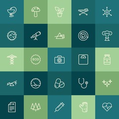 Modern Simple Set of health, science, nature Vector outline Icons. ..Contains such Icons as eco,  fresh,  wooden,  medicine, forest, doctor and more on green background. Fully Editable. Pixel Perfect.